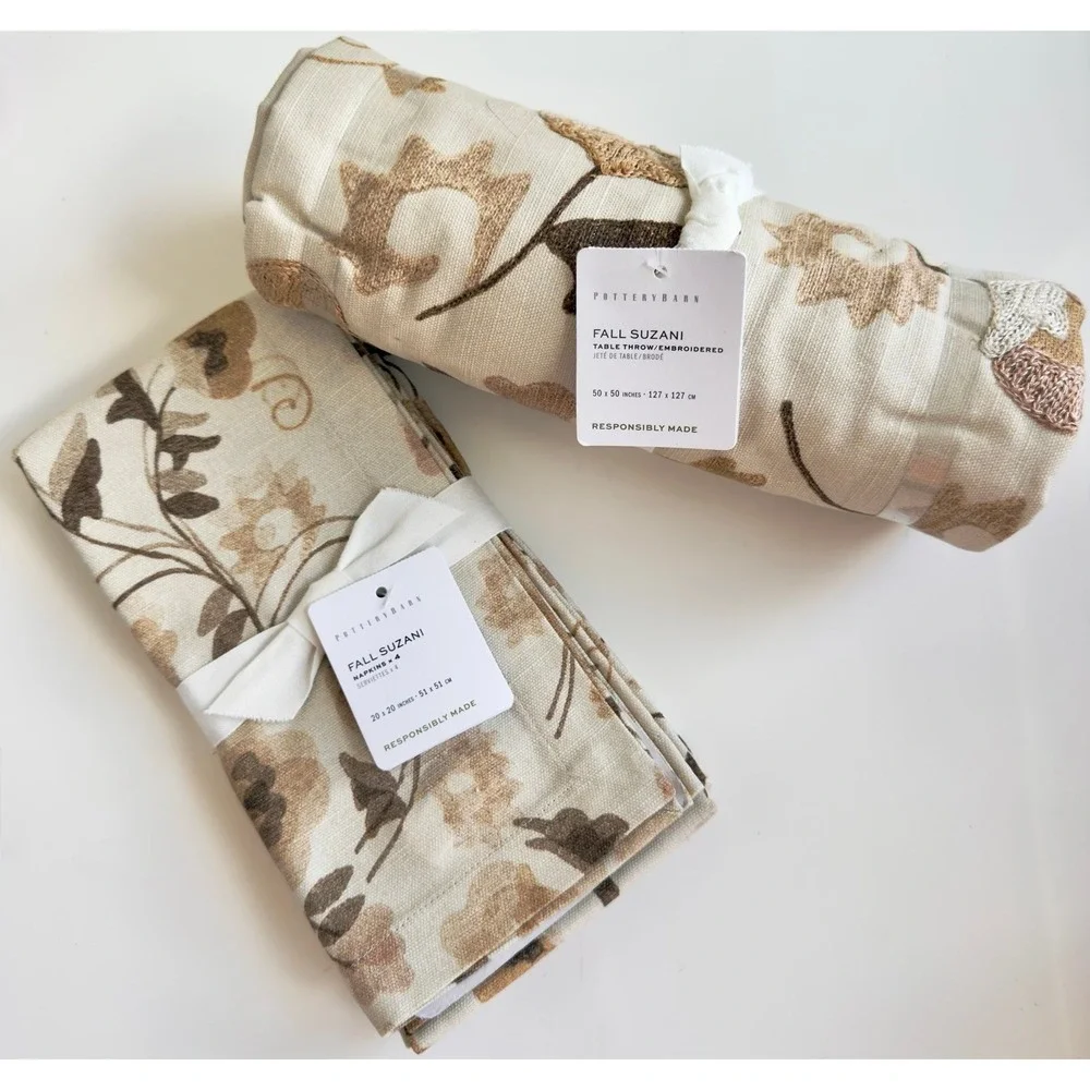 Pottery Barn Fall Suzani Embroidered Table Throw & Napkins, NWT, Retail $197